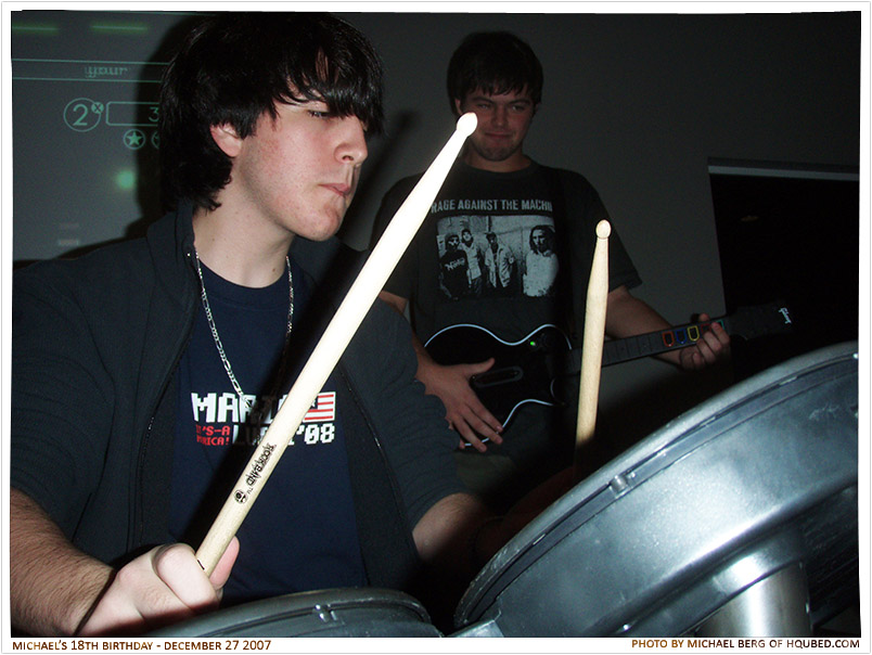 Bandmates
James drumming on Rock Band with Andrew playing the guitar in the background at Hard Knocks for my 18th birthday
