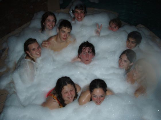 Everybody in
Ally, Me, Brittany, Marsh, Daniel Braden, Brittany P, Rebekah, Jon, Nikki, and David all together in the hot tub filled with suds

