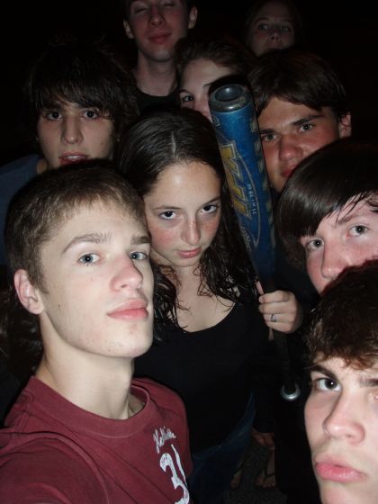 Group shot with a bat
Me, Jon, Daniel, Nikki, Brittany, Rebekah, Tom, Braden, and Marsh in the middle of the street with a bat after bashing a gourd
