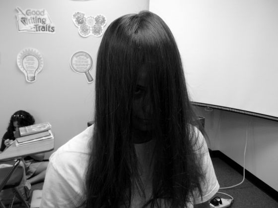 Ally grudge
Ally with her hair down in Mrs. Boyd's class like the grudge girl
