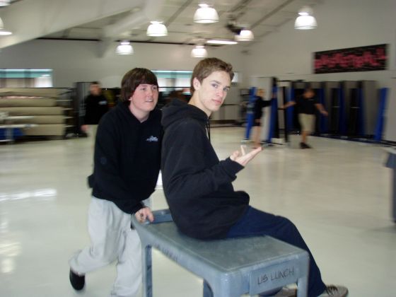 Zoom Zoom
Braden and I zipping around the lunchroom on a cart; the flash makes us look extremely pale
