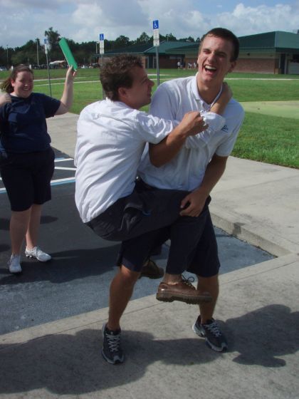 Darnell koalaing
Brett being koalaed by Mr. Darnell during a fire drill; so much for being in a straight line
