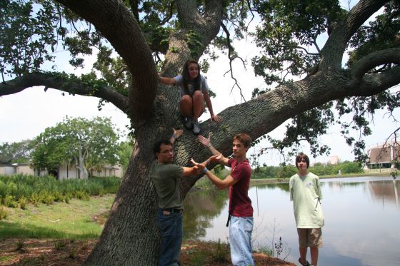 Jump already!
Lorin was terrified to jump out of the tree, so she ended up jumping right onto Stevie from above
