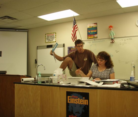 Sean leg
Somehow, Sean got the idea to put his leg up on top of the desk while Mrs. Adam's was calling role
