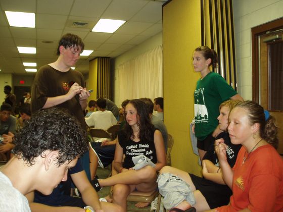 Friends at retreat hanging out
Braden, Brittany, Brittany P, Rebekah, and Chris in a smaller circle after our outside games
