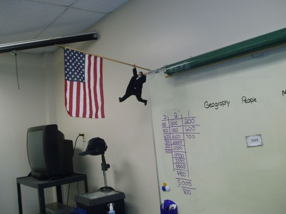 Hanging the president
Mr. Darnell's President Lincoln doll hanging by a thread on the flag
