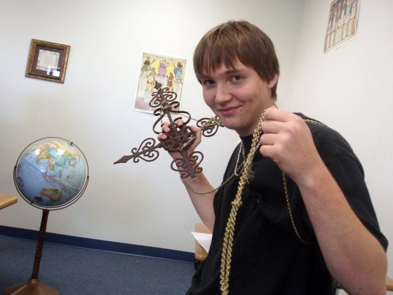 Mac with a weapon
Surprised? The cross from Mr. Hackett's room in Mr. Castaldi's Latin class
