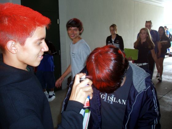 Nathan continues spraying
Nathan gave everyone red hair for Spirit Day, even if they didn't want it
