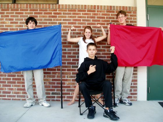 Red VS Blue
We grabbed some flags that were outside of Mrs. Clark's classroom and made a Red Vs Blue picture with James, Destiny, Nathan, and Pinks
