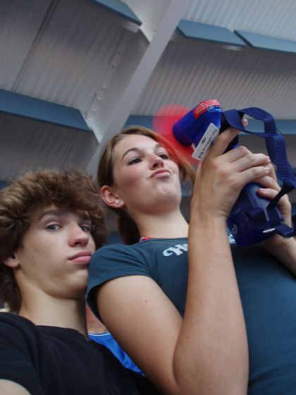 Waterspraying fan
Brittany and I taking photos while waiting for the Believe show to start at Sea World for our six month anniversary
