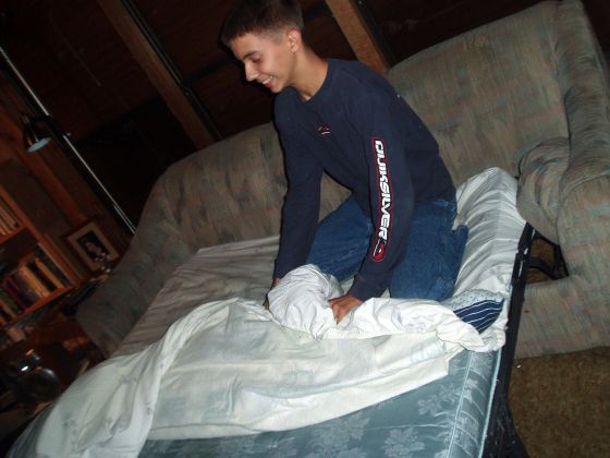 Sheets
Nathan making (or destroying) the bed at Stevie's house the night before the beach party
