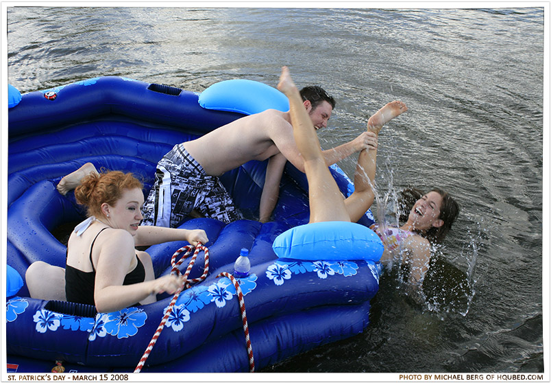 So much for peaceful
Joanna trying in vain to pull the float back to the dock: Braden threatened to tip Laura into the lake after a water fight and she didn't believe him
