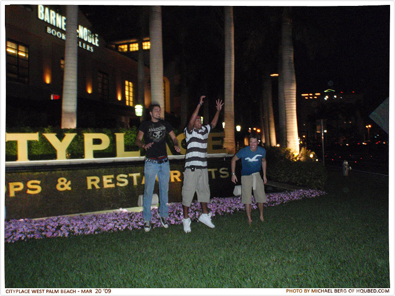 Michael Oscar Jayce jump
Oscar, Jayce, and myself in our botched jump at Cityplace in West Palm Beach after Jenny's early 19th birthday party
